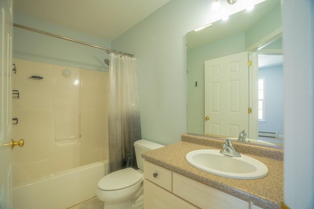 full bath featuring vanity, tile patterned flooring, shower / bath combo with shower curtain, toilet, and baseboard heating