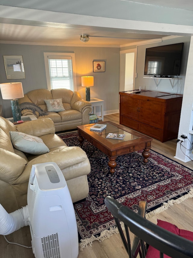 living area featuring wood finished floors and crown molding