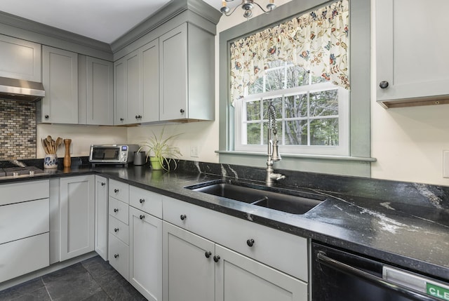 598 Walnut Hill Rd, North Yarmouth, ME 04097 - kitchen with a sink, dishwasher, under cabinet range hood, and dark stone counters