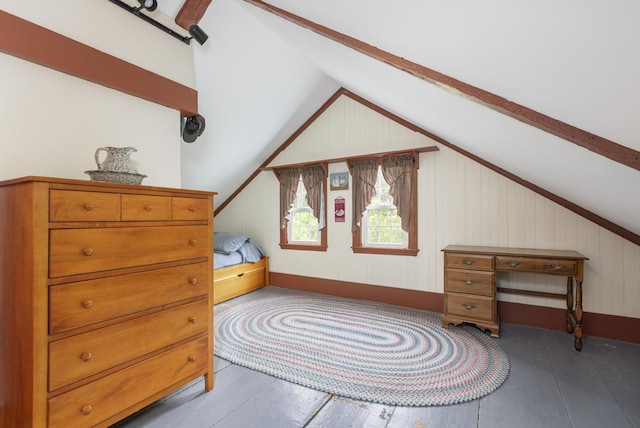598 Walnut Hill Rd, North Yarmouth, ME 04097 - bedroom featuring vaulted ceiling, wooden walls, and wood finished floors