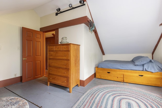 598 Walnut Hill Rd, North Yarmouth, ME 04097 - bedroom featuring lofted ceiling and concrete flooring