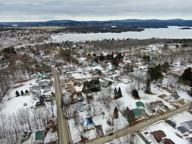 snowy aerial view featuring a mountain view