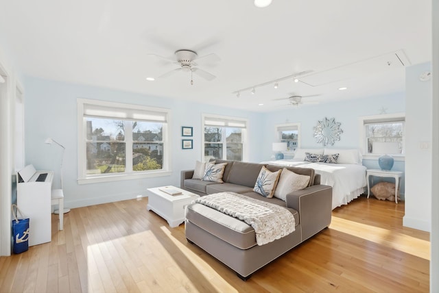 bedroom featuring attic access, multiple windows, and light wood finished floors