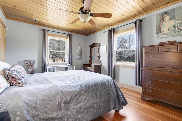 bedroom featuring ornamental molding, wood ceiling, light wood finished floors, and multiple windows