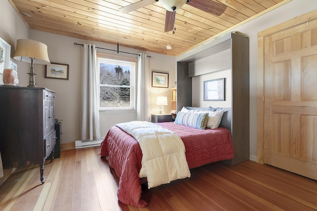 bedroom featuring light wood-type flooring, a baseboard radiator, multiple windows, and wooden ceiling
