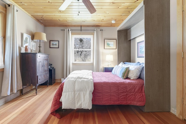 bedroom with wooden ceiling, ceiling fan, and wood finished floors