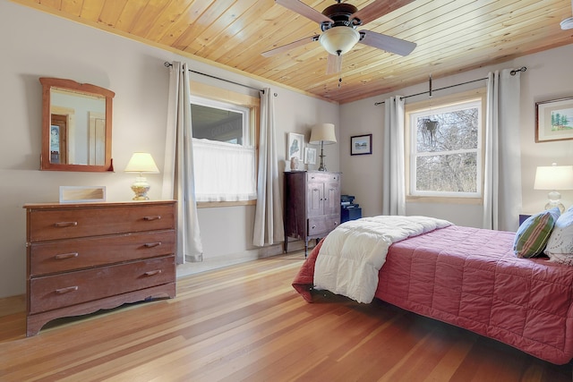 bedroom with crown molding, a ceiling fan, wood ceiling, and light wood-style floors
