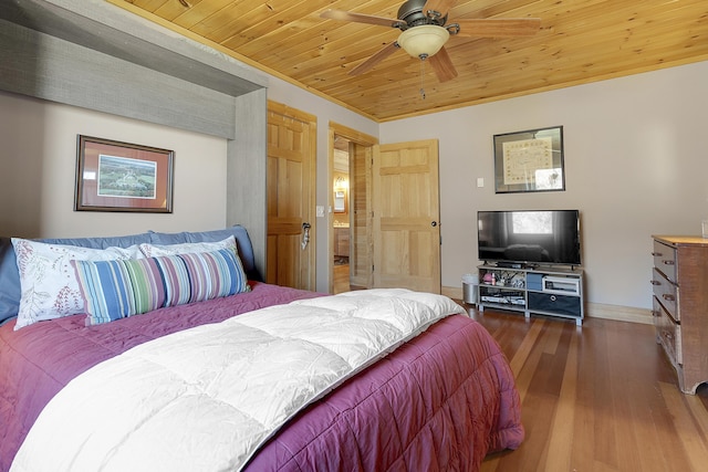 bedroom featuring baseboards, ceiling fan, wood ceiling, and wood finished floors