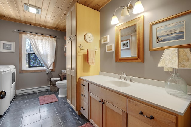 bathroom with visible vents, washing machine and dryer, toilet, wood ceiling, and a baseboard heating unit