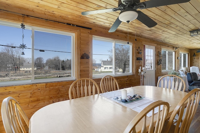 dining room featuring wooden walls, wood ceiling, a ceiling fan, and a wealth of natural light