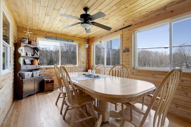 dining room featuring wooden ceiling, light wood-style flooring, and a wealth of natural light