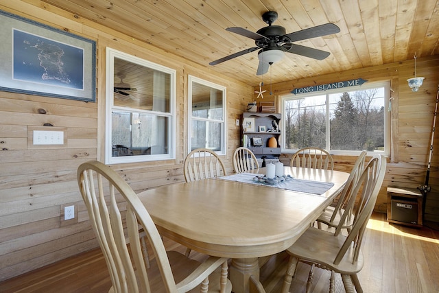 dining area featuring wooden walls, a ceiling fan, wood ceiling, and light wood finished floors