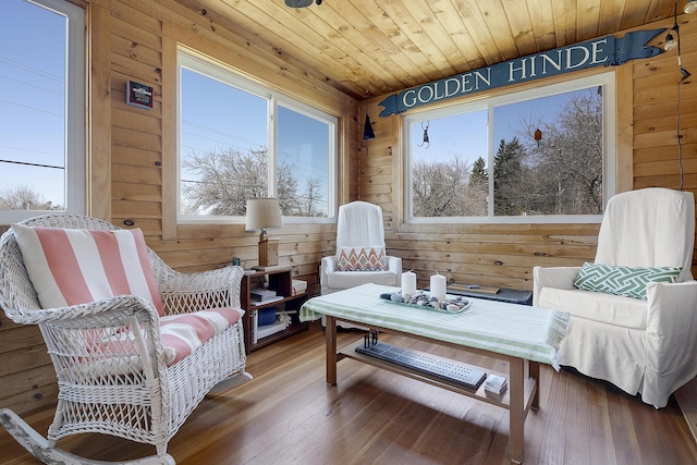 living area featuring wooden walls, wooden ceiling, and hardwood / wood-style flooring