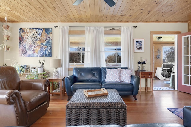 living area featuring ceiling fan, wood ceiling, and wood finished floors