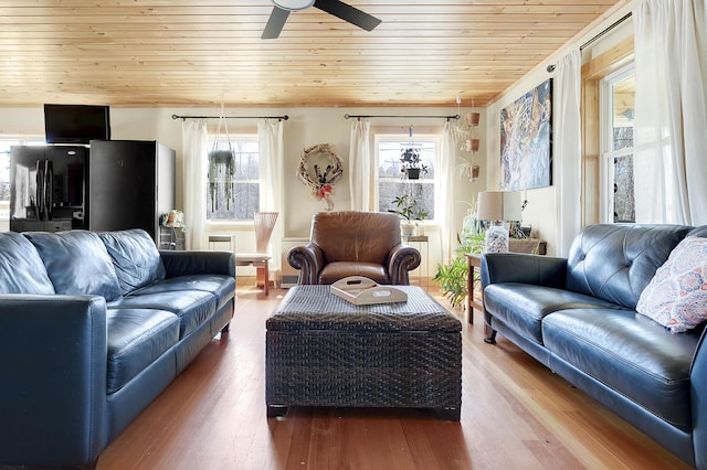 living area featuring wooden ceiling, a ceiling fan, and wood finished floors
