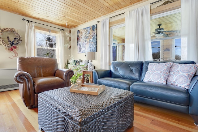 living area with wood ceiling, ceiling fan, and wood finished floors