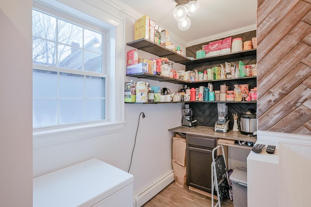 office featuring a baseboard radiator, plenty of natural light, light wood-style floors, and crown molding