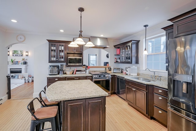 kitchen featuring a sink, appliances with stainless steel finishes, light wood-style flooring, and ornamental molding