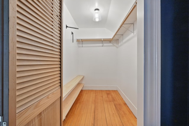 walk in closet with light wood finished floors