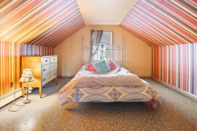 bedroom with baseboards, carpet, and lofted ceiling