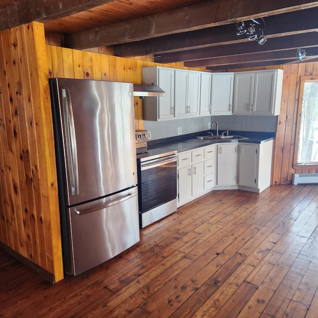 kitchen featuring dark wood-style floors, a sink, stainless steel appliances, under cabinet range hood, and beamed ceiling