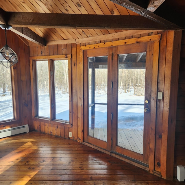 interior space featuring beamed ceiling, dark wood-style floors, wooden walls, wooden ceiling, and a baseboard radiator