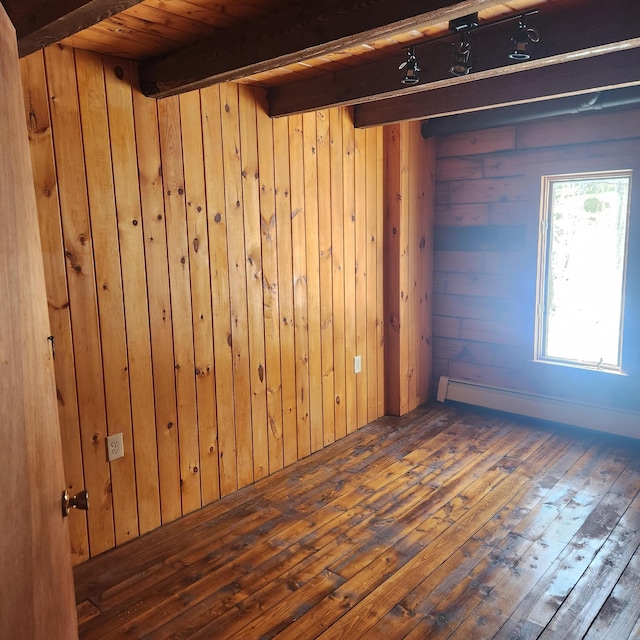 empty room featuring beamed ceiling, wooden walls, and hardwood / wood-style floors