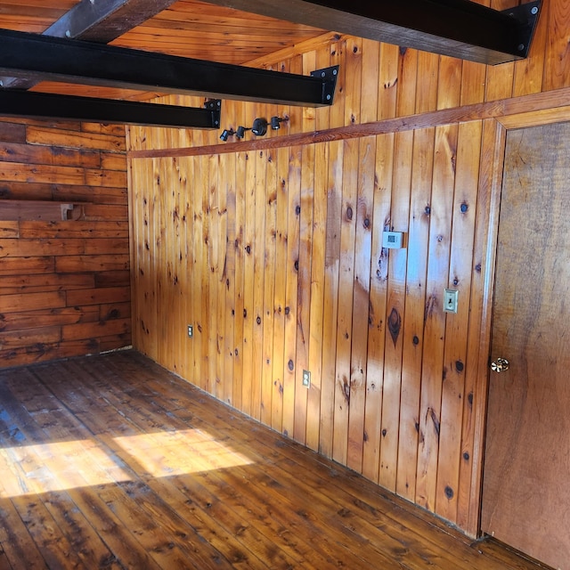 interior space with beam ceiling, hardwood / wood-style floors, and wood walls