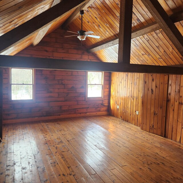 interior space with hardwood / wood-style flooring, vaulted ceiling with beams, a ceiling fan, and wood walls