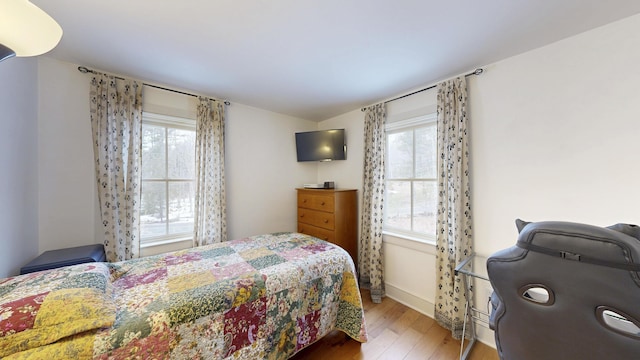 bedroom featuring multiple windows and wood finished floors