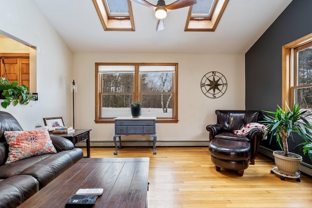 living room featuring lofted ceiling with skylight, wood finished floors, a healthy amount of sunlight, and ceiling fan