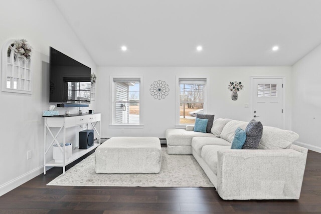 living room featuring recessed lighting, baseboards, dark wood-style floors, and vaulted ceiling
