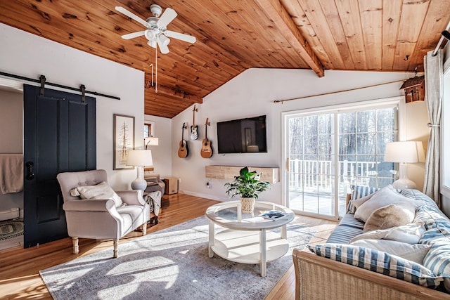 living room with wood finished floors, baseboards, lofted ceiling, wood ceiling, and a barn door