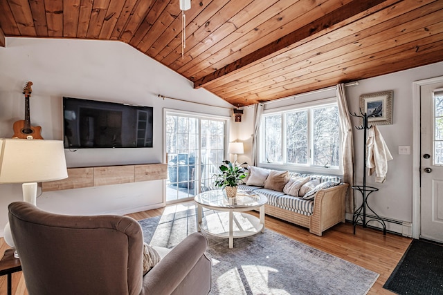 living area featuring a healthy amount of sunlight, wood finished floors, a baseboard radiator, lofted ceiling, and wood ceiling