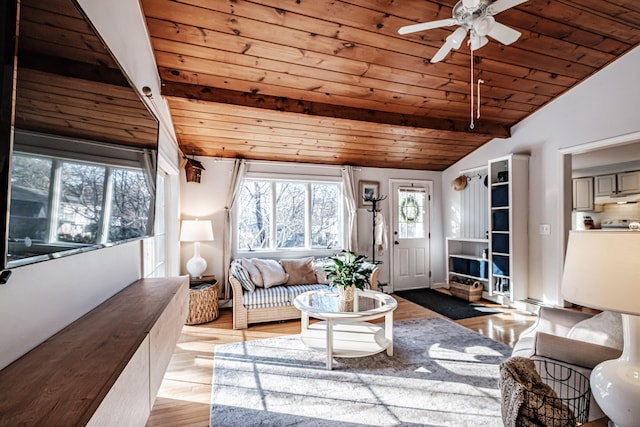 living room with light wood-type flooring, wooden ceiling, a ceiling fan, and vaulted ceiling