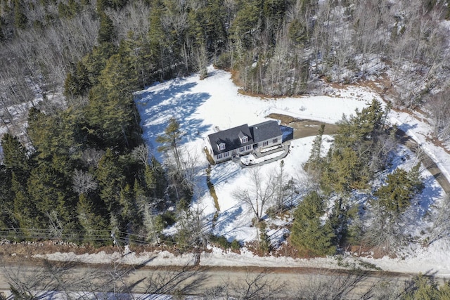 snowy aerial view with a view of trees