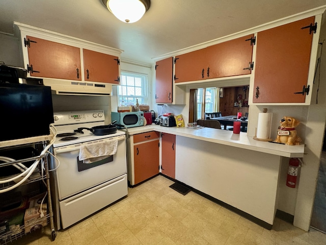 kitchen featuring under cabinet range hood, light floors, light countertops, ornamental molding, and white range with electric stovetop