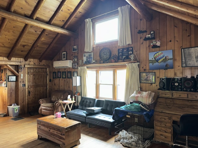 living area with beam ceiling, wood walls, and wooden ceiling