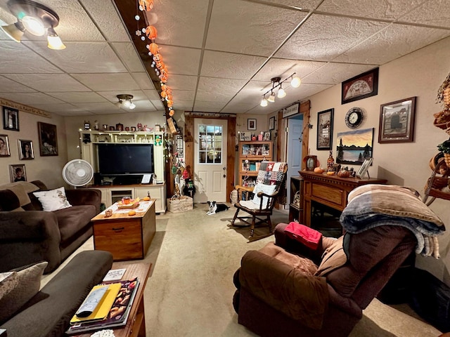 living room featuring a drop ceiling, track lighting, and carpet flooring