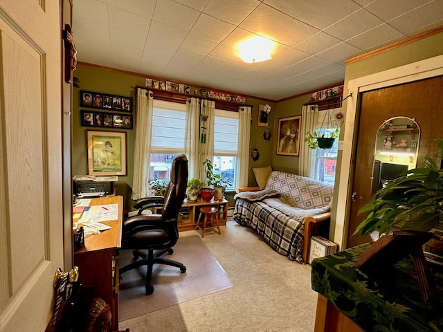 carpeted office featuring baseboard heating and crown molding