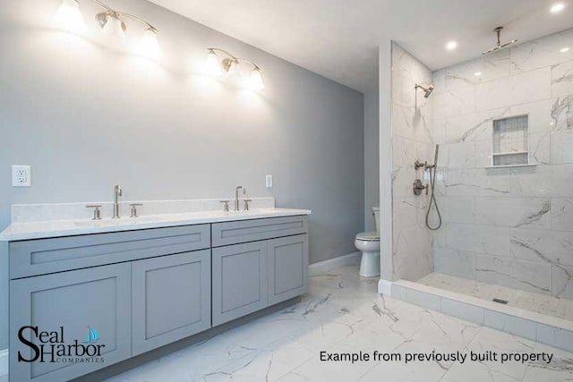 11 Clam Ln Unit A, Wells, ME 04090 - full bathroom featuring a marble finish shower, marble look tile flooring, toilet, baseboards, and recessed lighting