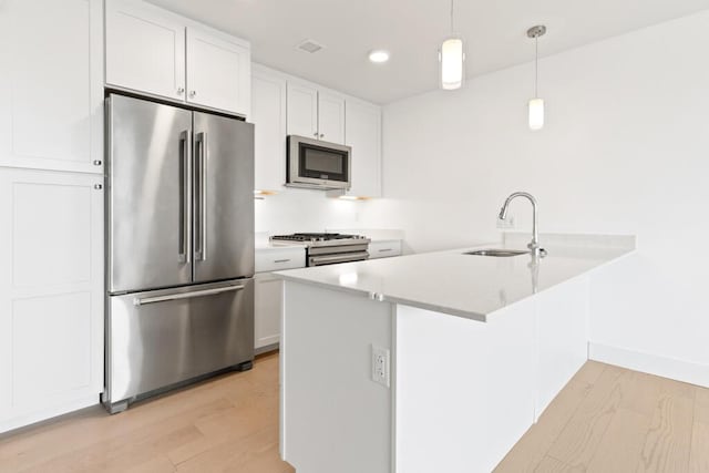 kitchen featuring a peninsula, light wood-style flooring, a sink, white cabinets, and appliances with stainless steel finishes