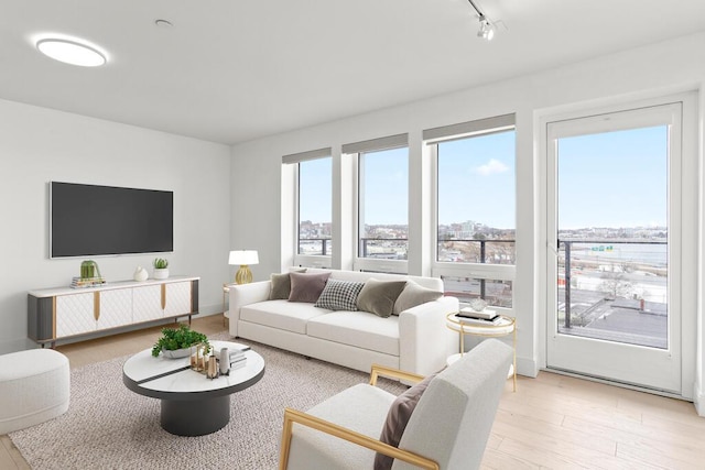 living area featuring a city view, rail lighting, and light wood-style floors