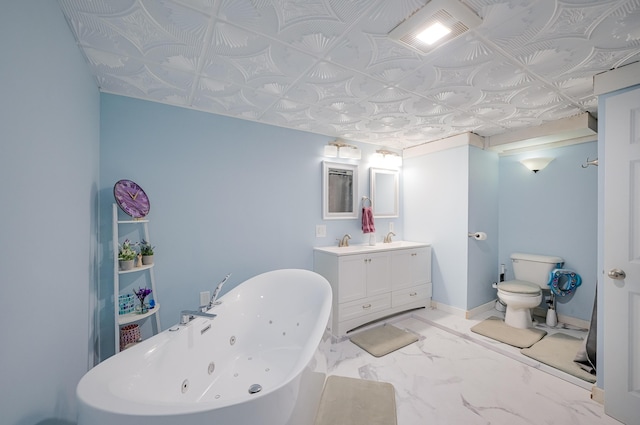 bathroom featuring vanity, baseboards, a soaking tub, toilet, and marble finish floor