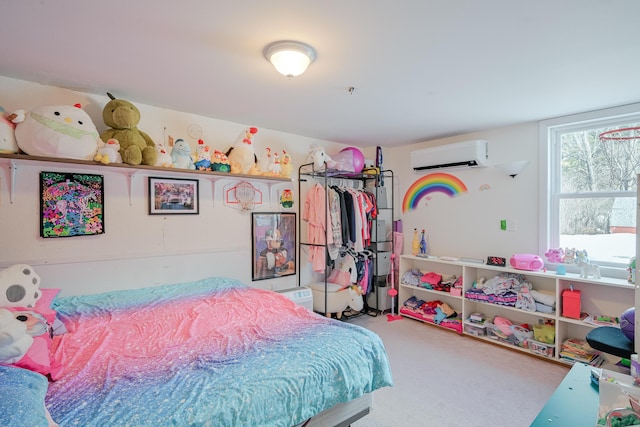 bedroom with carpet flooring and a wall unit AC