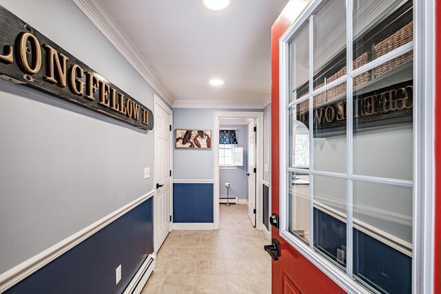 corridor featuring light tile patterned floors, baseboards, recessed lighting, ornamental molding, and baseboard heating