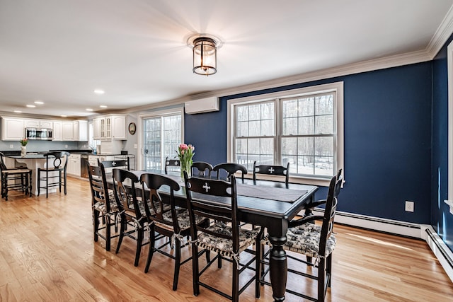 dining space featuring light wood finished floors, baseboards, ornamental molding, recessed lighting, and a wall mounted AC