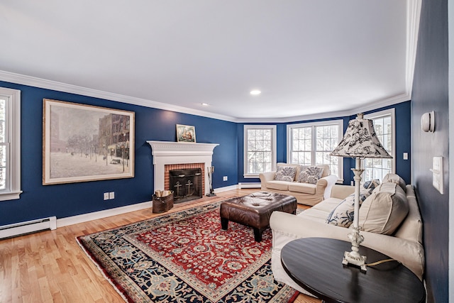 living area featuring crown molding, wood finished floors, baseboards, and a baseboard radiator