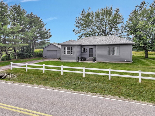 135 P Ridge Rd, Readfield, ME 04355 - ranch-style house featuring dirt driveway, entry steps, an outbuilding, and roof with shingles