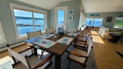 20 Wharf Rd, Blue Hill, ME 04614 - dining room featuring lofted ceiling, wood finished floors, and a water view